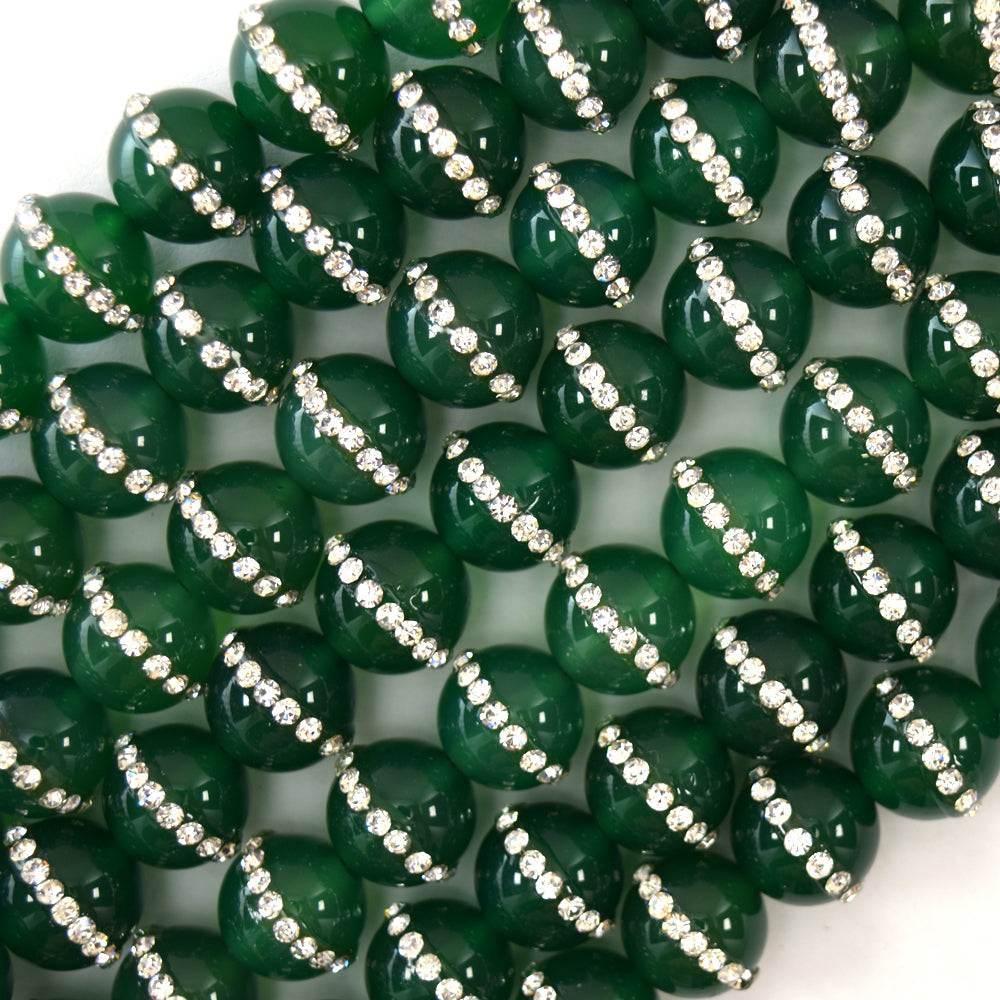 Green Onyx Round Beads With Rhinestone Inlaid 15" Strand 6mm 8mm 10mm 12mm
