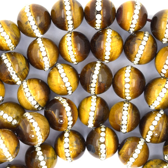 Tiger Eye Round Beads With Rhinestone inlaid 15" Strand 6mm 8mm 10mm 12mm