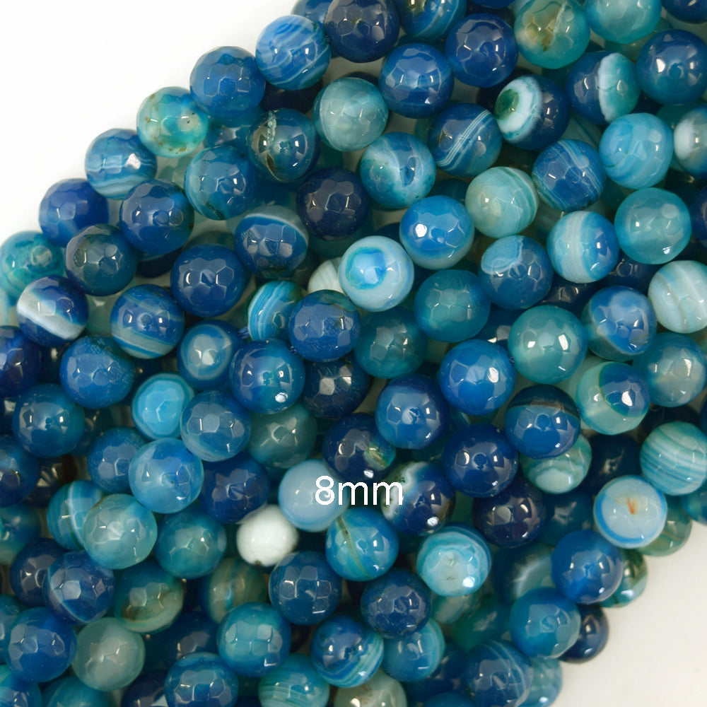 8mm faceted blue stripe agate round beads 15