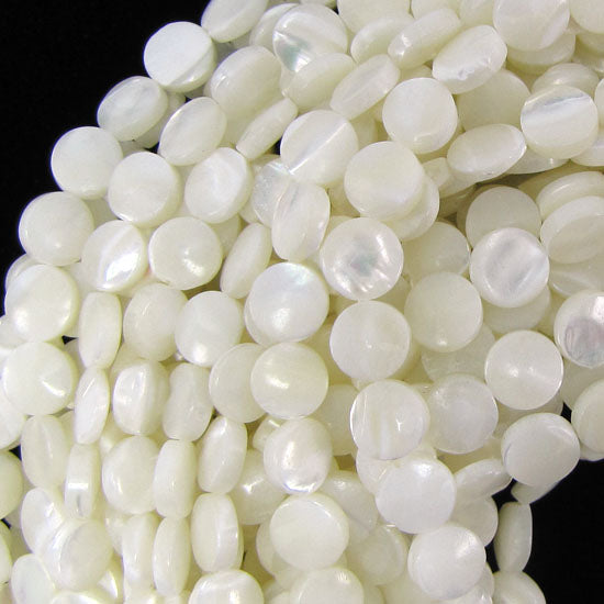 White Mother Of Pearl MOP Coin Beads Gemstone 15.5