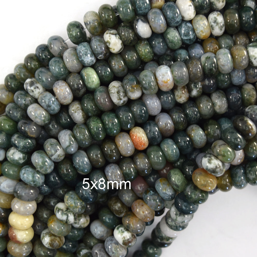 Natural Green Moss Agate Rondelle Button Beads 15" Strand 2x4mm 4x6mm 5x8mm