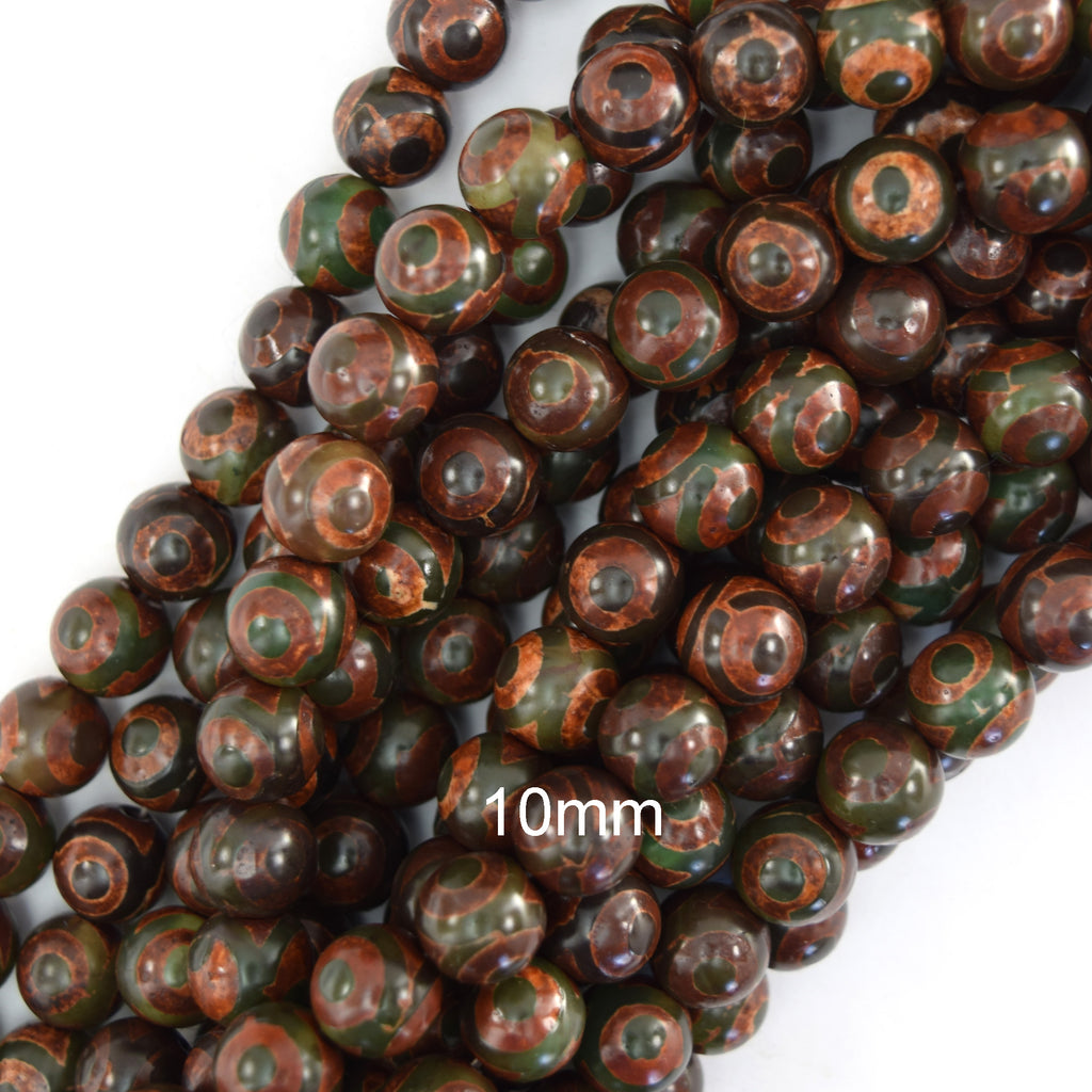 Matte Green Brown Tibetan DZI Agate Round Beads 15" 6mm 8mm 10mm Evil Eye