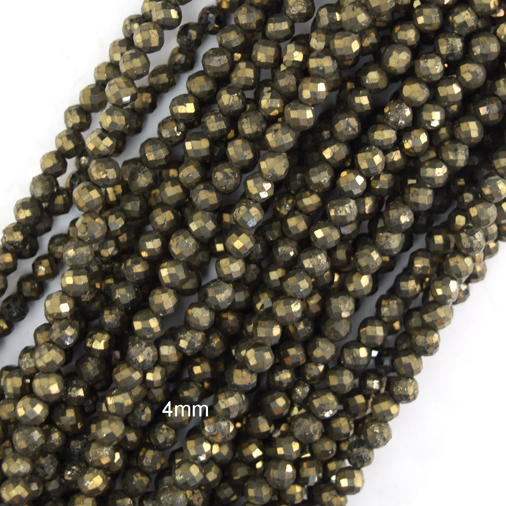 Natural Micro Faceted Pyrite Round Beads Gemstone 15.5" Strand 3mm 4mm