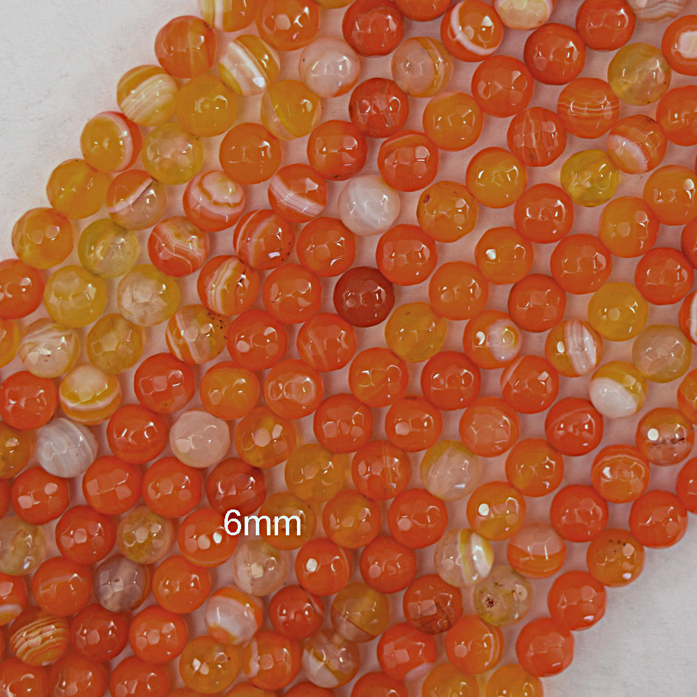 Faceted Orange Red Stripe Carnelian Round Beads 14.5