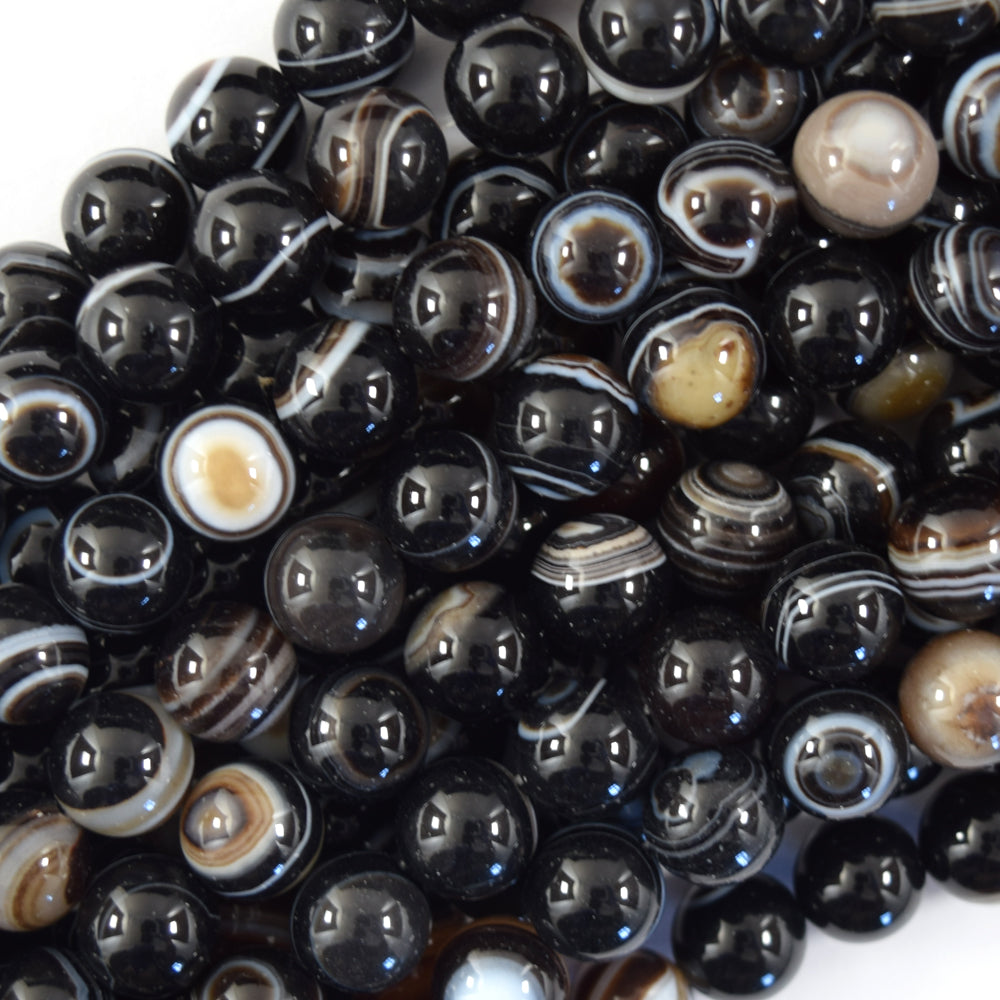 AA Black Sardonyx Agate Round Beads Gemstone 15" Strand eye vein stripe 8mm 10mm