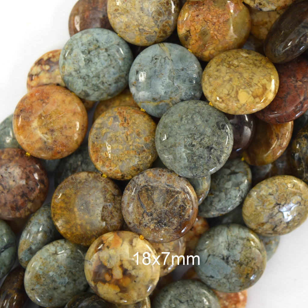 Natural Ocean Jasper Coin Beads Gemstone 15" Strand 14mm 16mm 18mm