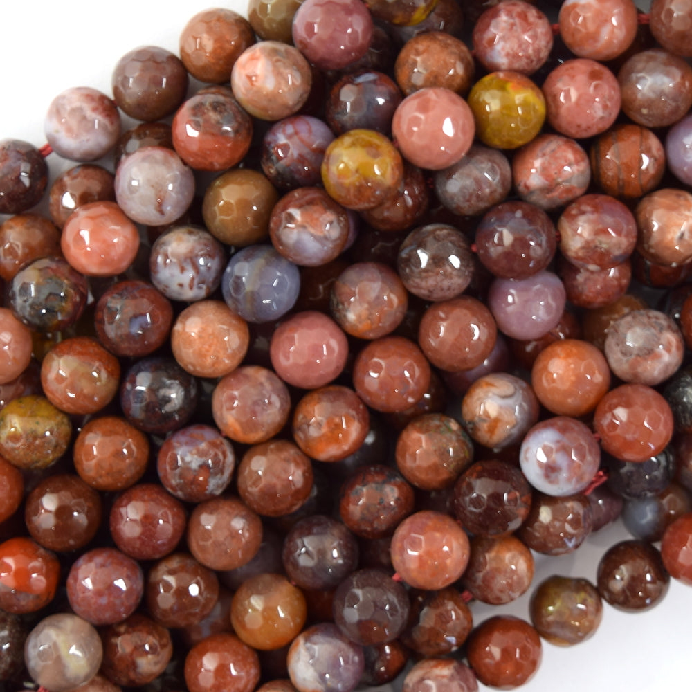 Natural Faceted Red Brown Portuguese Agate Round Beads 15" Strand 6mm 8mm 10mm