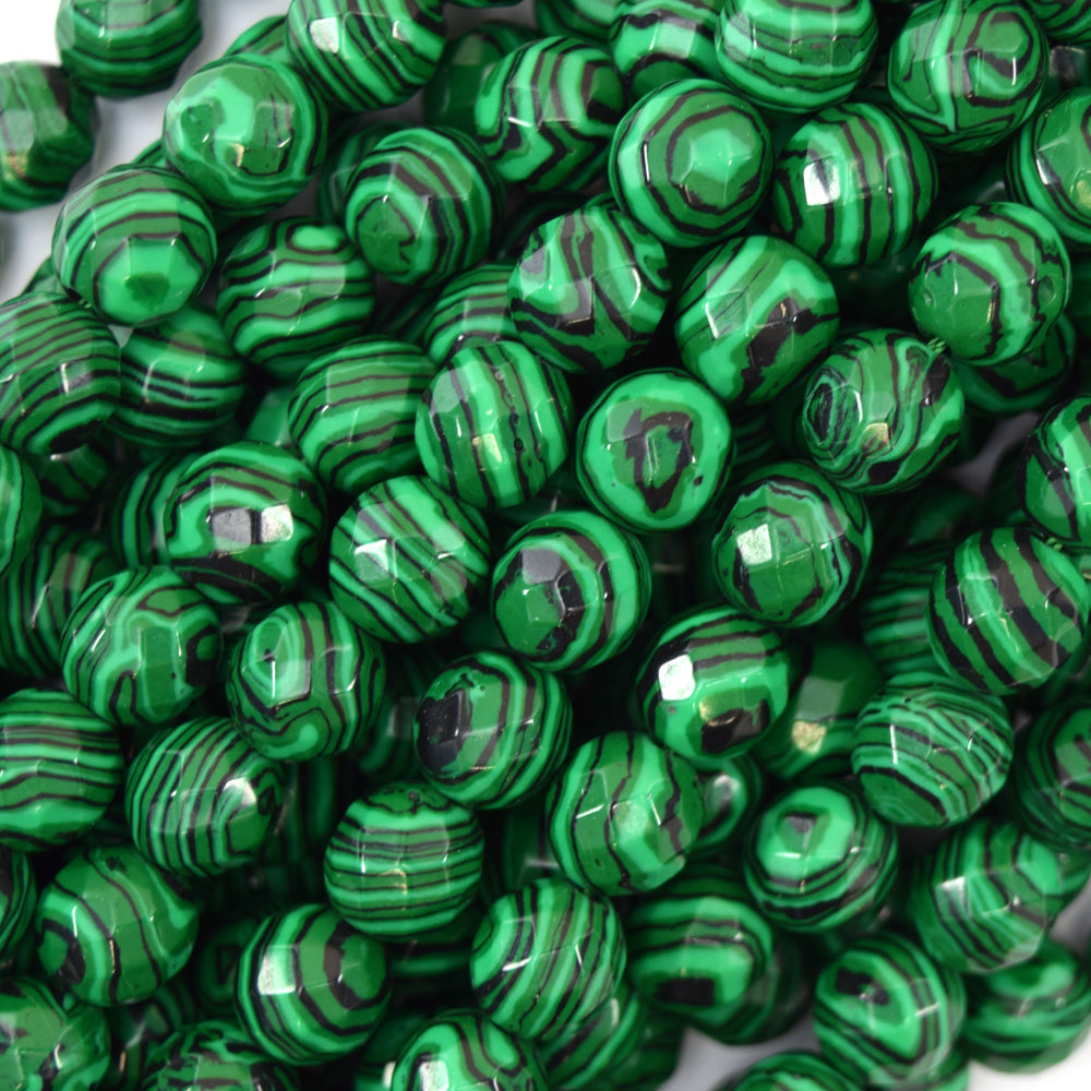 Faceted Synthetic Green Malachite Round Beads 15" Strand 6mm 8mm 10mm 12mm