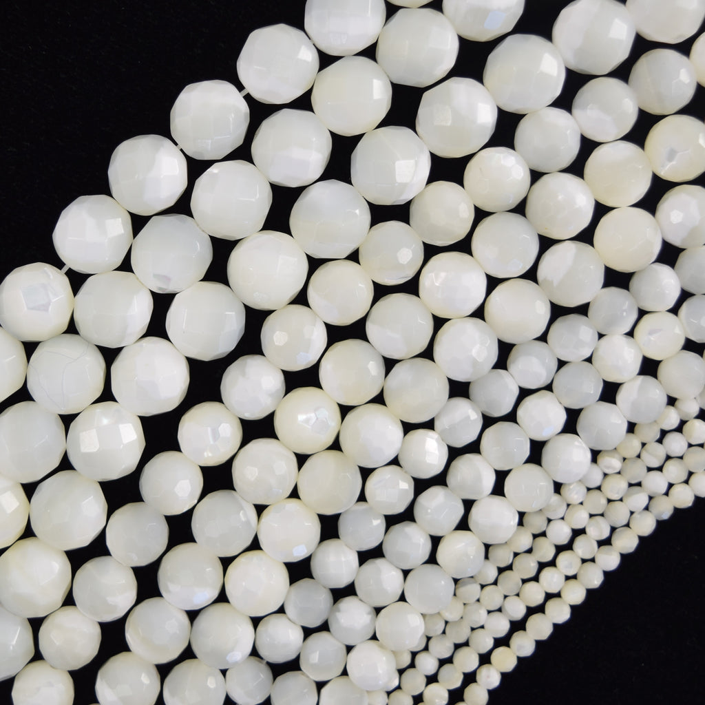 Faceted White Mother Of Pearl MOP Round Beads 15.5" Strand 3mm 4mm 6mm 8mm 10mm