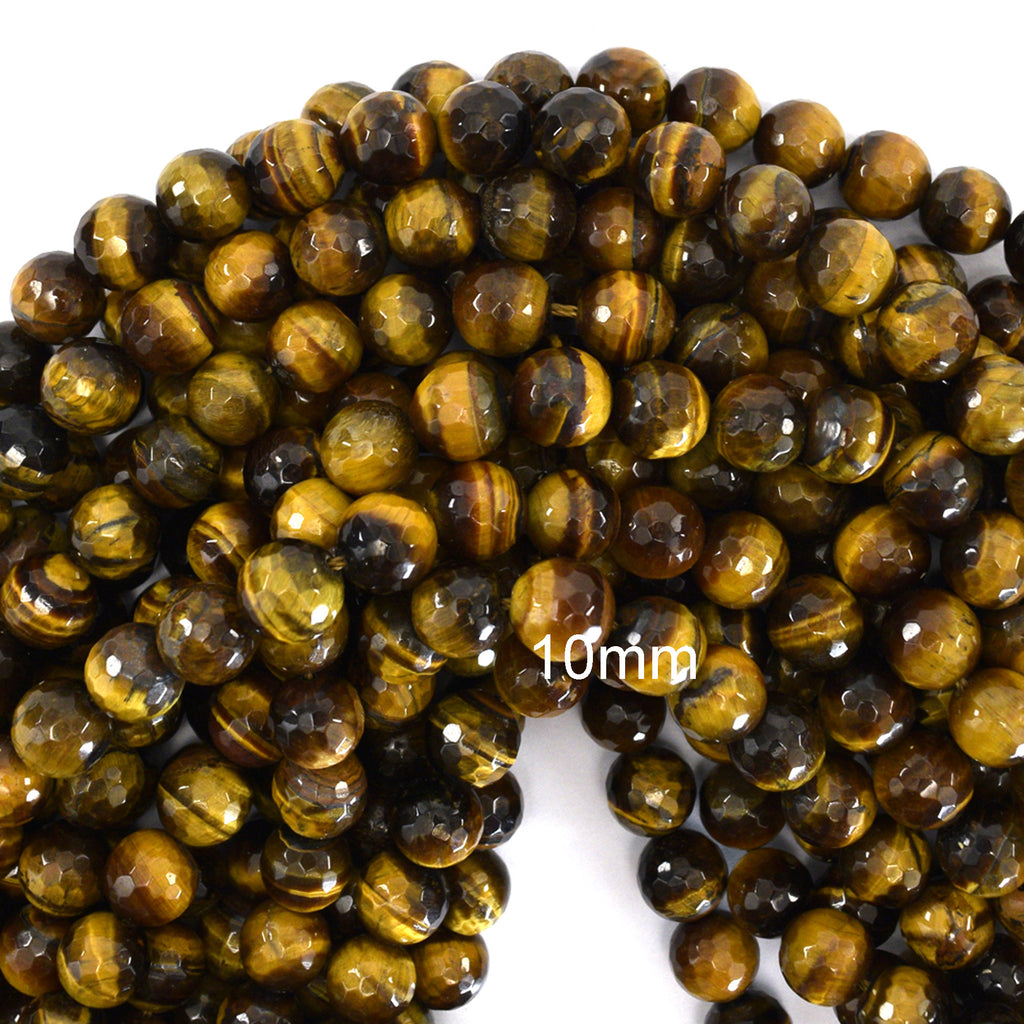 Natural Faceted Tiger Eye Round Beads Gemstone 14.5" Strand 4mm 6mm 8mm 10mm