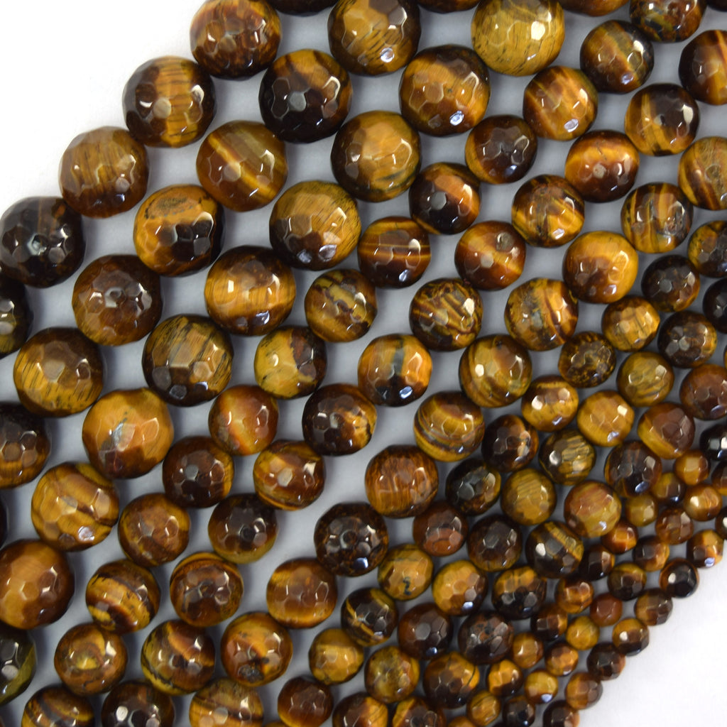 Natural Faceted Tiger Eye Round Beads Gemstone 14.5" Strand 4mm 6mm 8mm 10mm