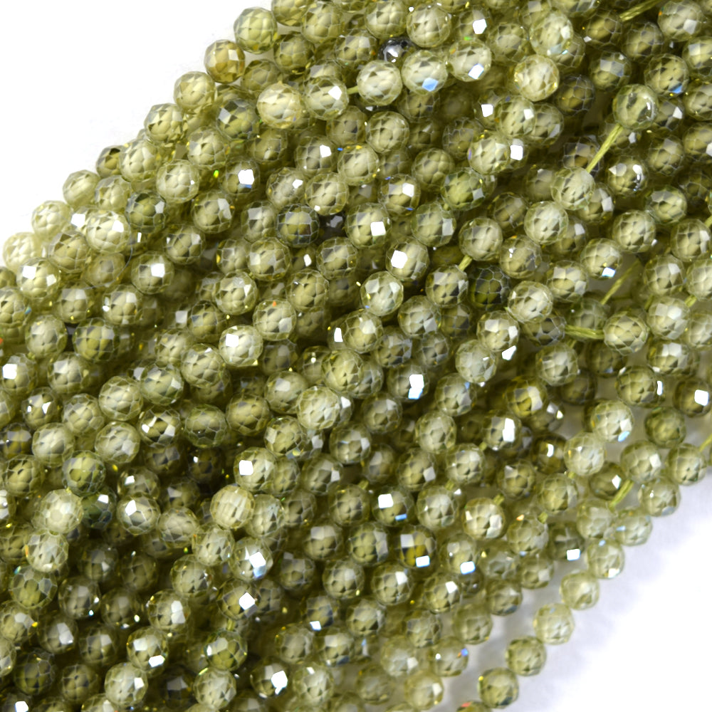 Faceted Green CZ Cubic Zirconia Round Beads Gemstone 14.5" Strand 3mm 4mm