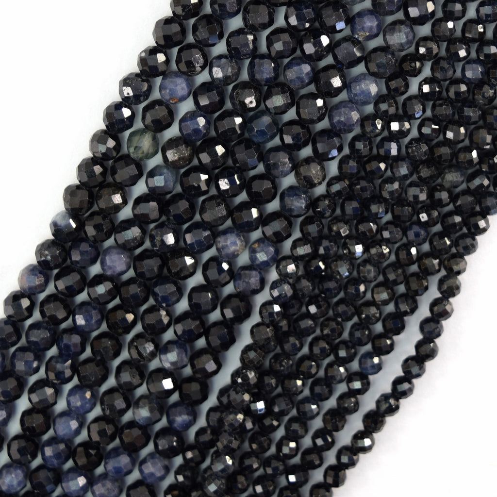Natural Genuine Faceted Blue Sapphire Round Beads Gemstone 15.5" Strand 3mm 4mm