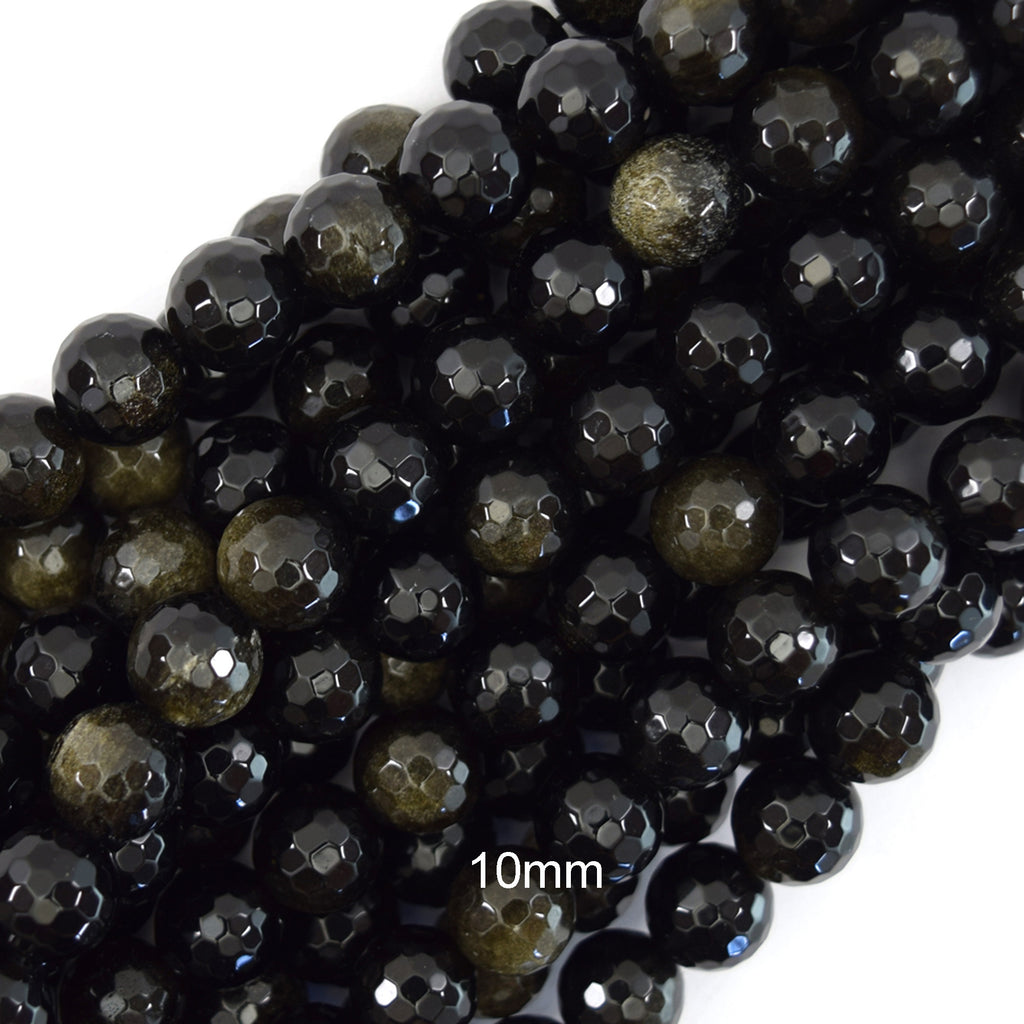 Natural Faceted Black Gold Obsidian Round Beads 15" Strand 4mm 6mm 8mm 10mm 12mm