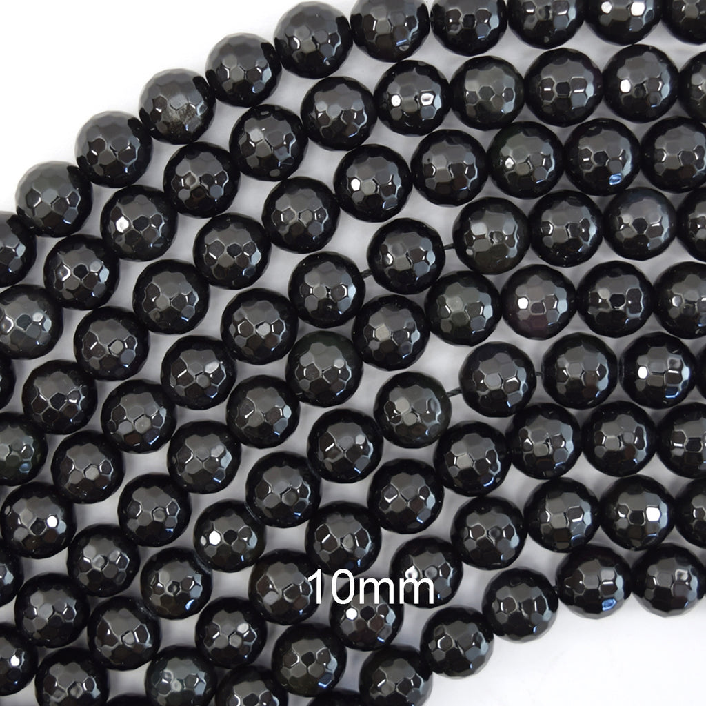 Natural Faceted Black Obsidian Round Beads 15" Strand 3mm 4mm 6mm 8mm 10mm