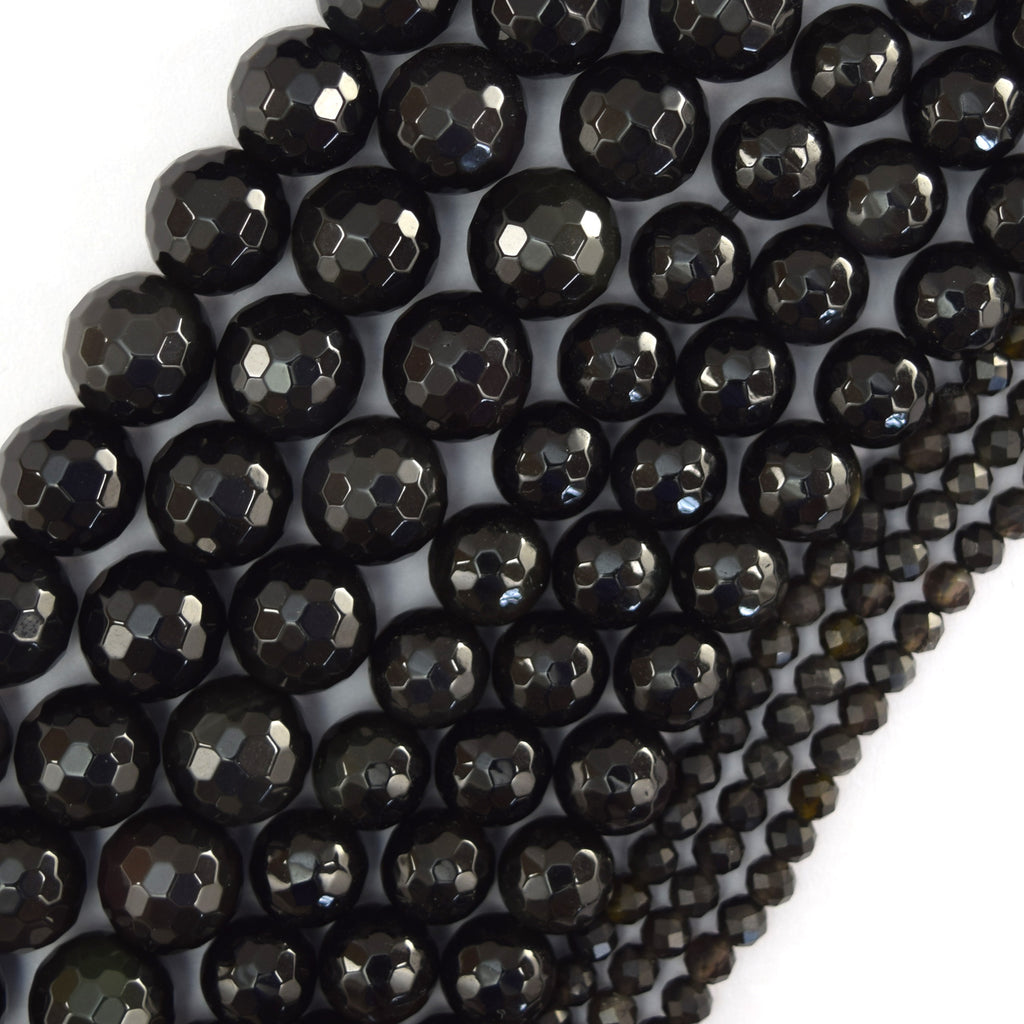 Natural Faceted Black Obsidian Round Beads 15" Strand 3mm 4mm 6mm 8mm 10mm