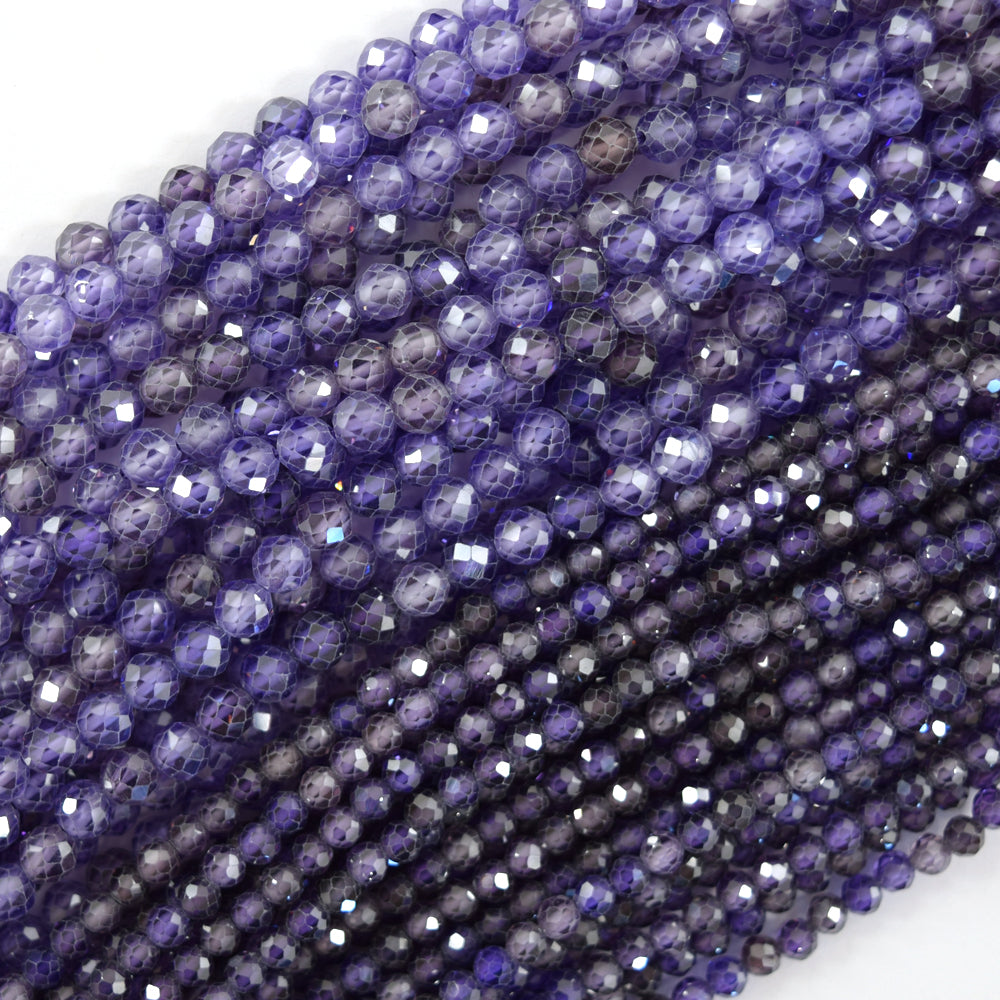 Faceted Purple CZ Cubic Zirconia Round Beads Gemstone 14.5" Strand 3mm 4mm