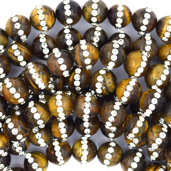 Tiger Eye Round Beads With Rhinestone inlaid 15" Strand 6mm 8mm 10mm 12mm
