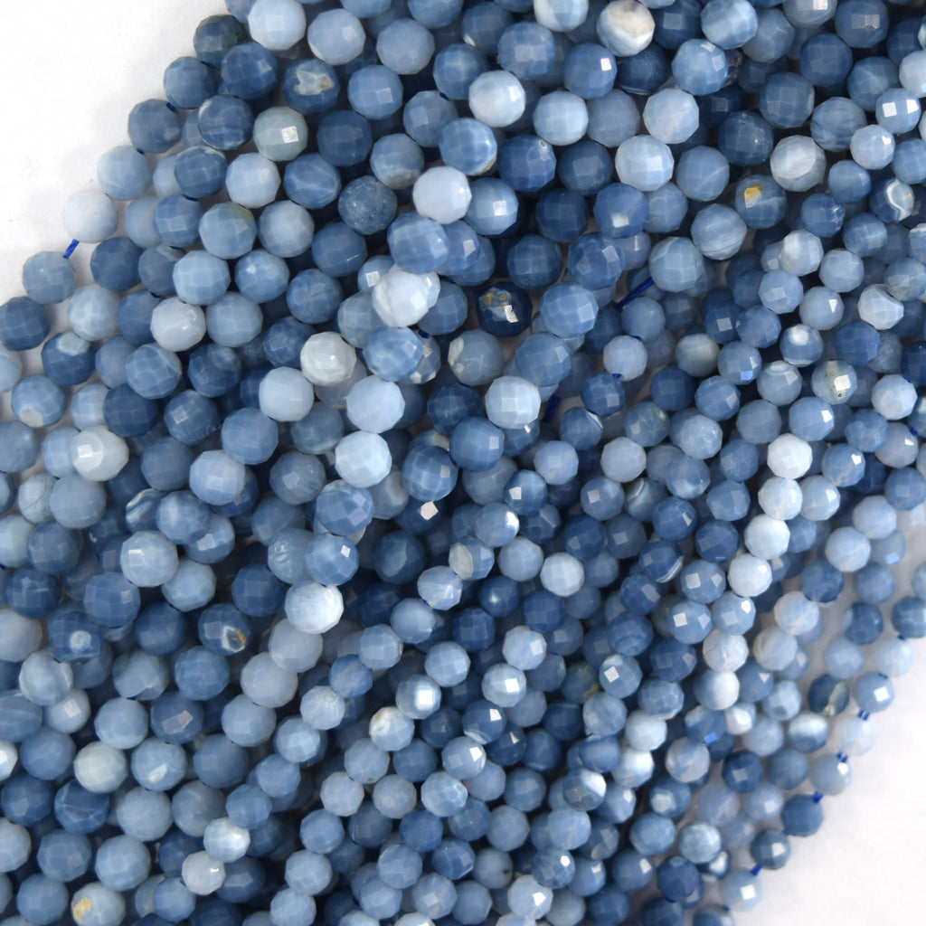 Natural Micro Faceted Blue Opal Round Beads Gemstone 15.5" Strand 3mm 4mm