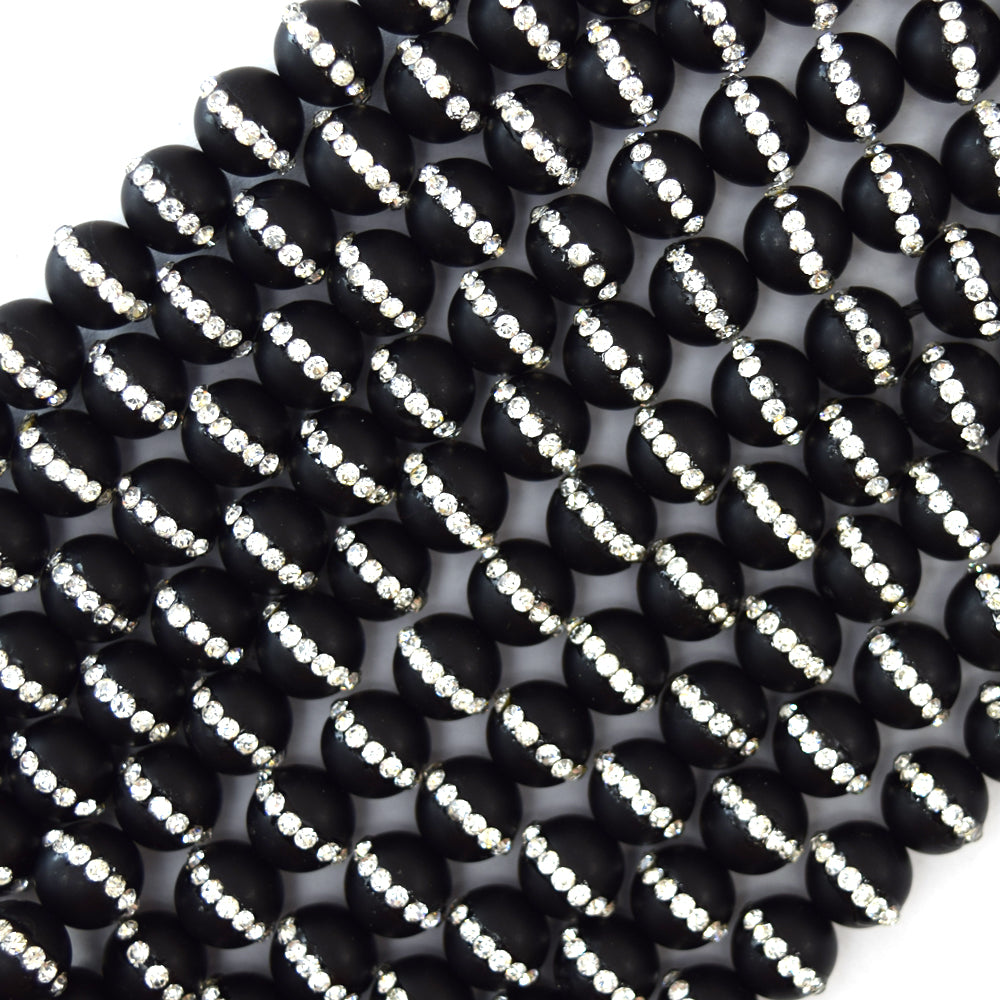 8mm matte black onyx round beads with rhinestone inlaid 15