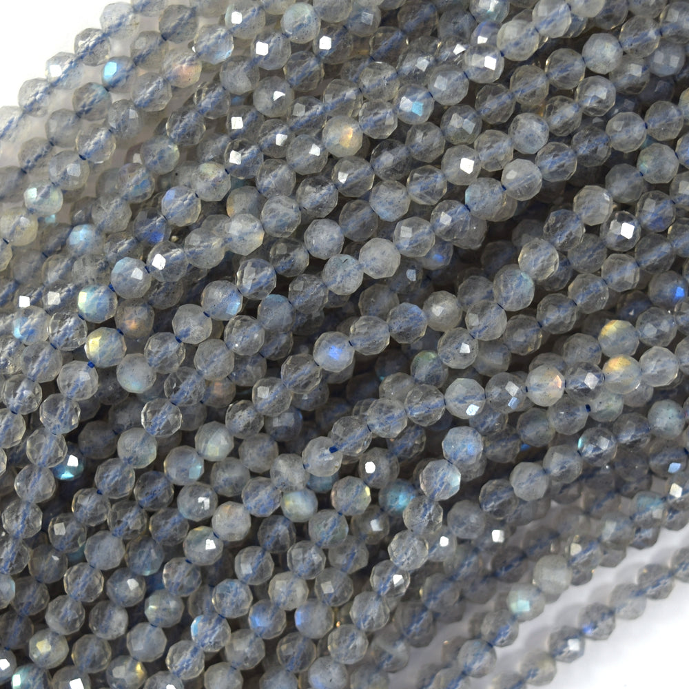 Natural Faceted Light Grey Labradorite Round Beads Gemstone 15.5" Strand 3mm 4mm