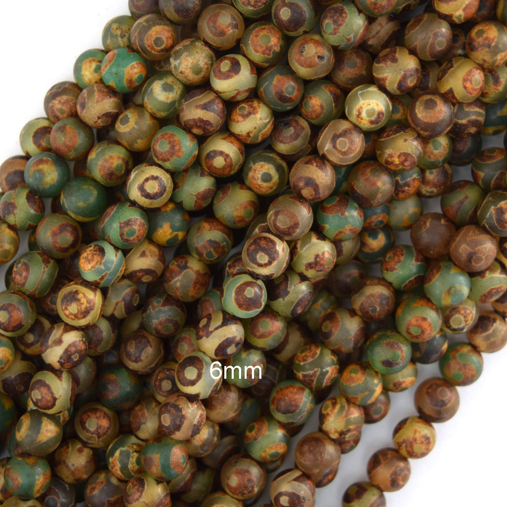 Matte Green Brown Tibetan DZI Agate Round Beads 15" 6mm 8mm 10mm Evil Eye