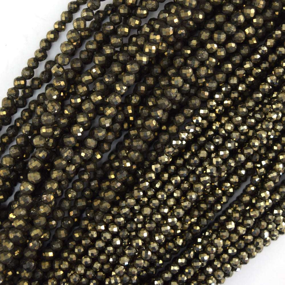 Natural Micro Faceted Pyrite Round Beads Gemstone 15.5" Strand 3mm 4mm