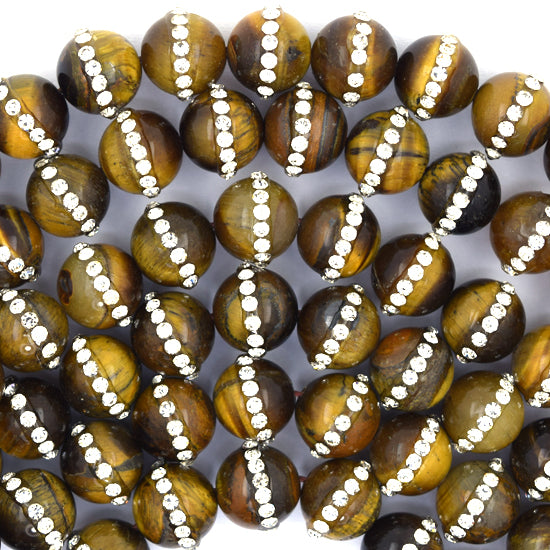 Tiger Eye Round Beads With Rhinestone inlaid 15" Strand 6mm 8mm 10mm 12mm