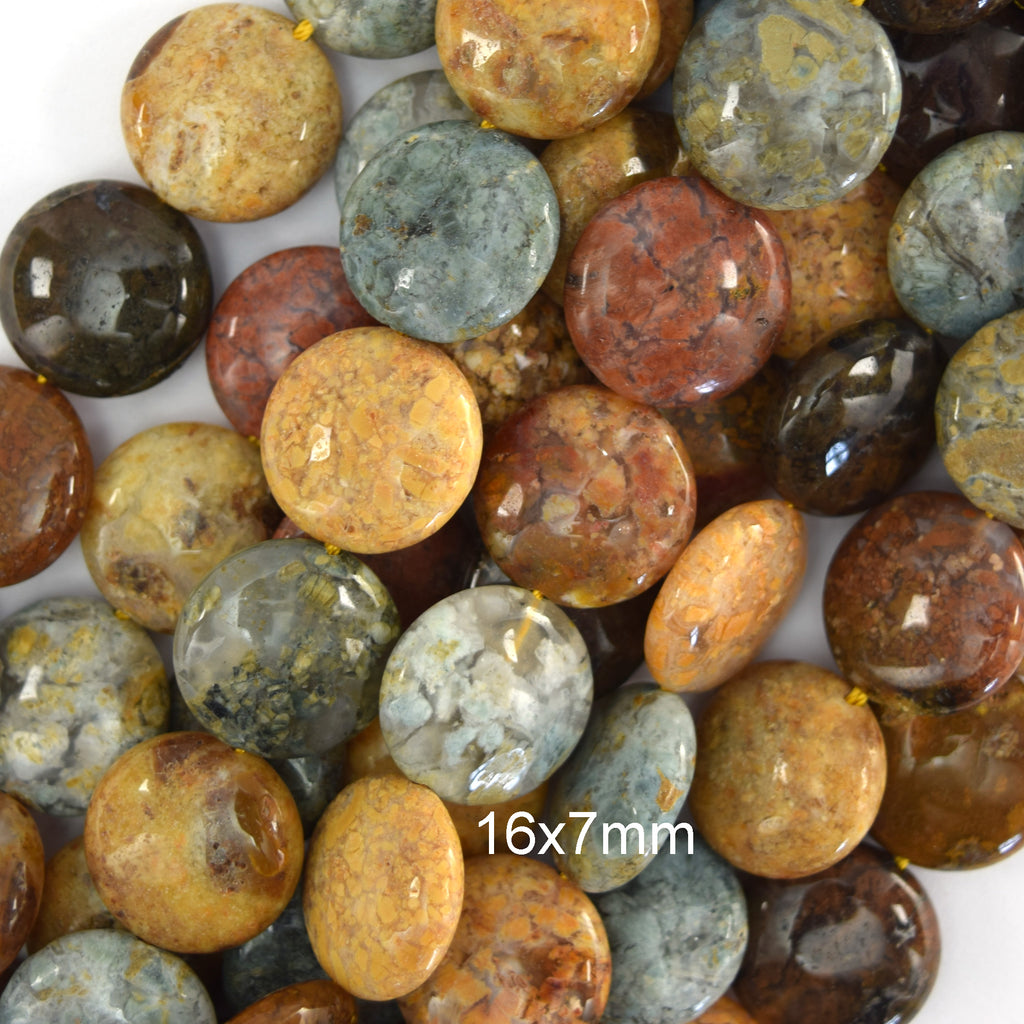 Natural Ocean Jasper Coin Beads Gemstone 15" Strand 14mm 16mm 18mm