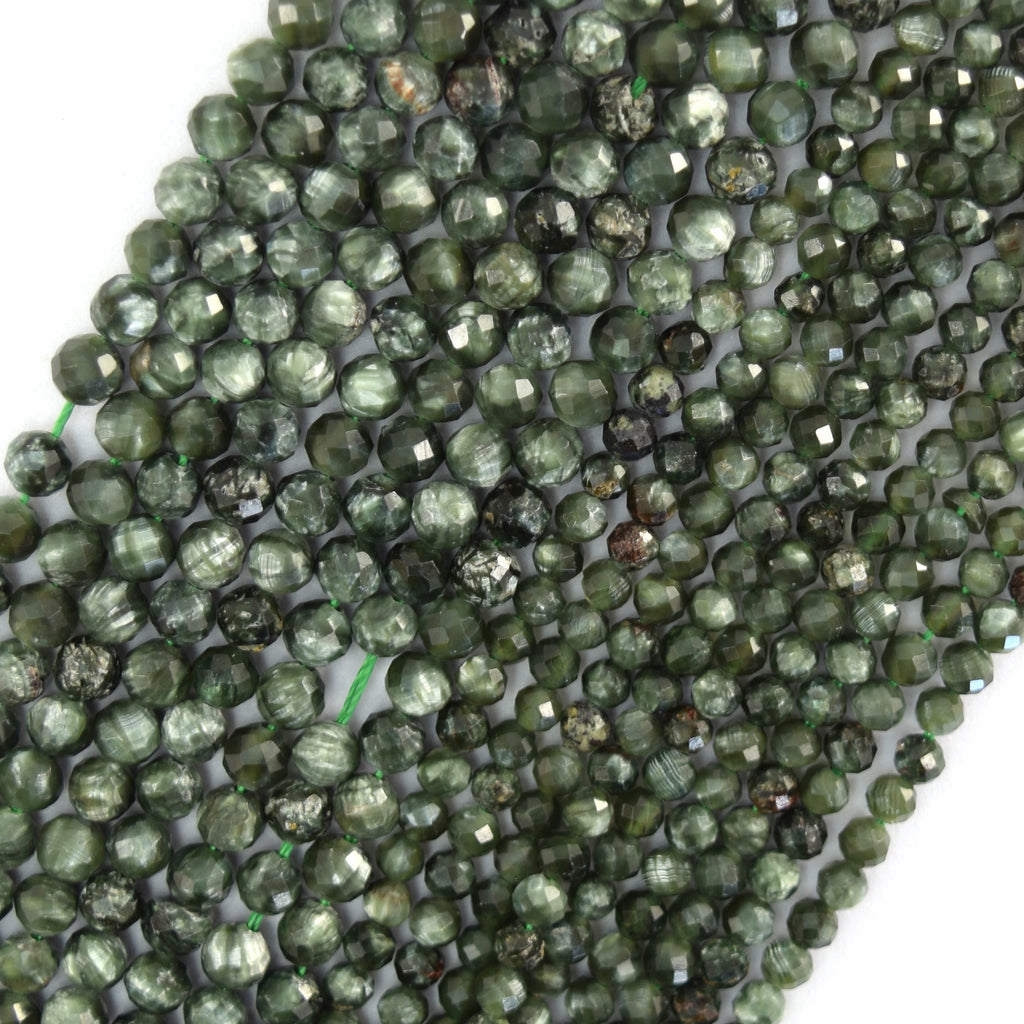 Natural Micro Faceted Green Seraphinite Round Beads 15.5" Strand 3mm 4mm