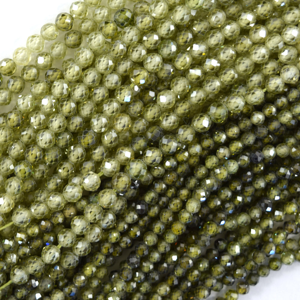 Faceted Green CZ Cubic Zirconia Round Beads Gemstone 14.5" Strand 3mm 4mm