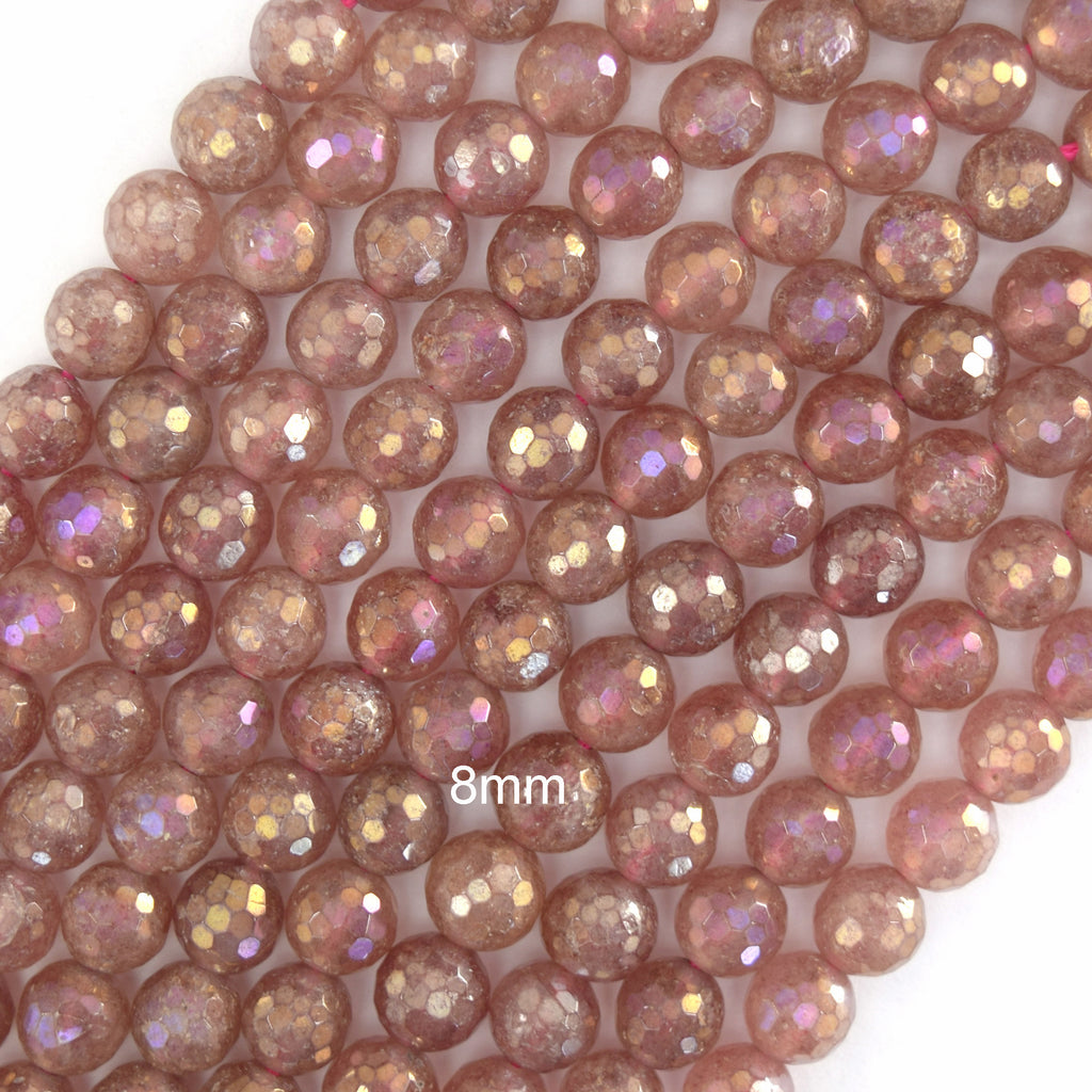 Mystic Titanium Faceted Strawberry Quartz Round Beads 15" Strand 6mm 8mm 10mm