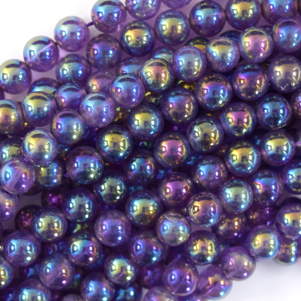 Mystic Titanium Natural Purple Amethyst Round Beads 15" Strand 6mm 8mm 10mm