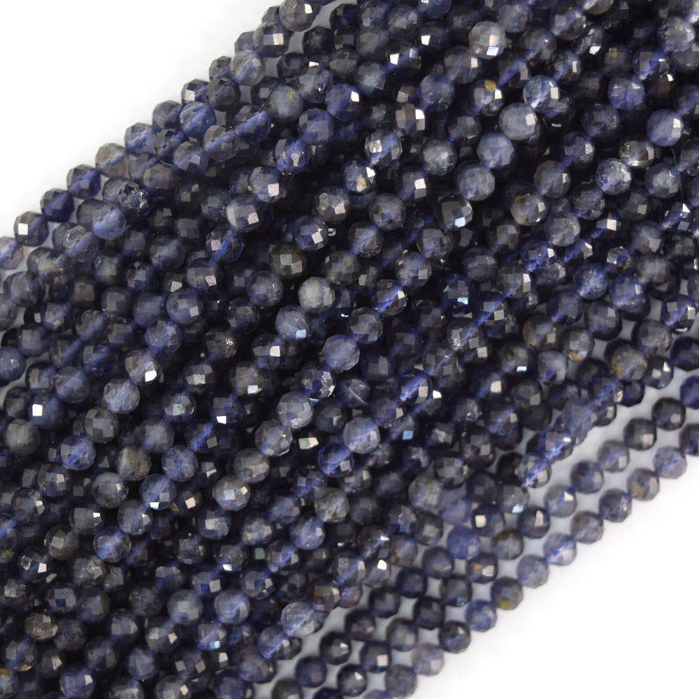 Natural Faceted Blue Iolite Round Beads Gemstone 15.5" Strand 3mm 4mm