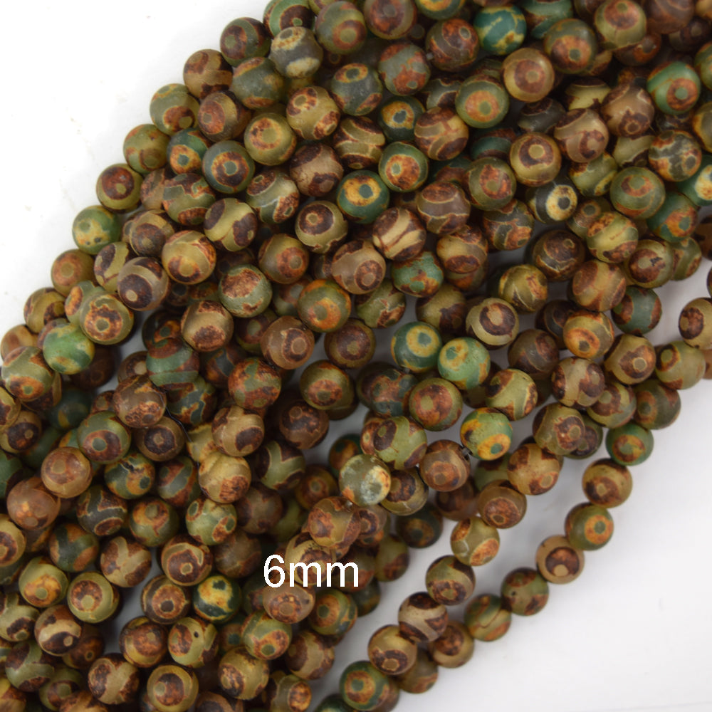 Matte Green Brown Tibetan DZI Agate Round Beads 15