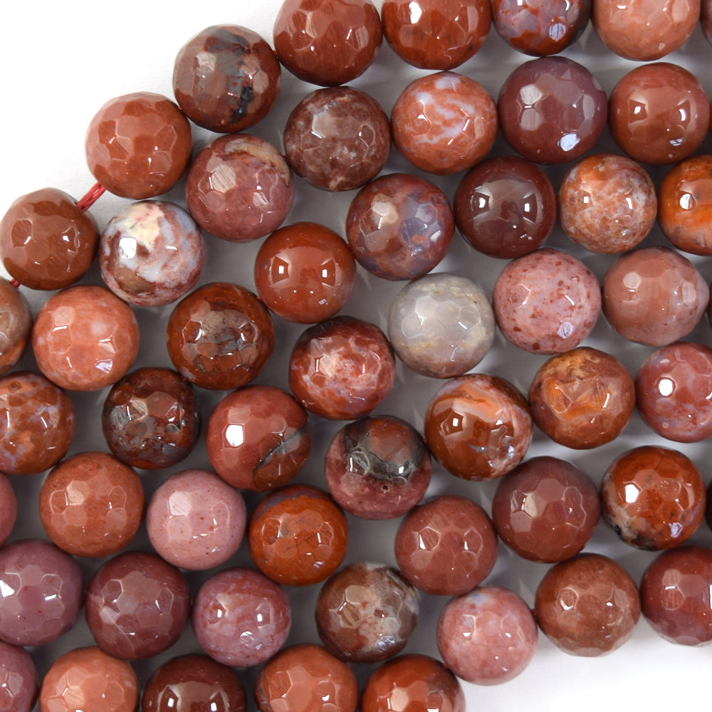 Natural Faceted Red Brown Portuguese Agate Round Beads 15" Strand 6mm 8mm 10mm