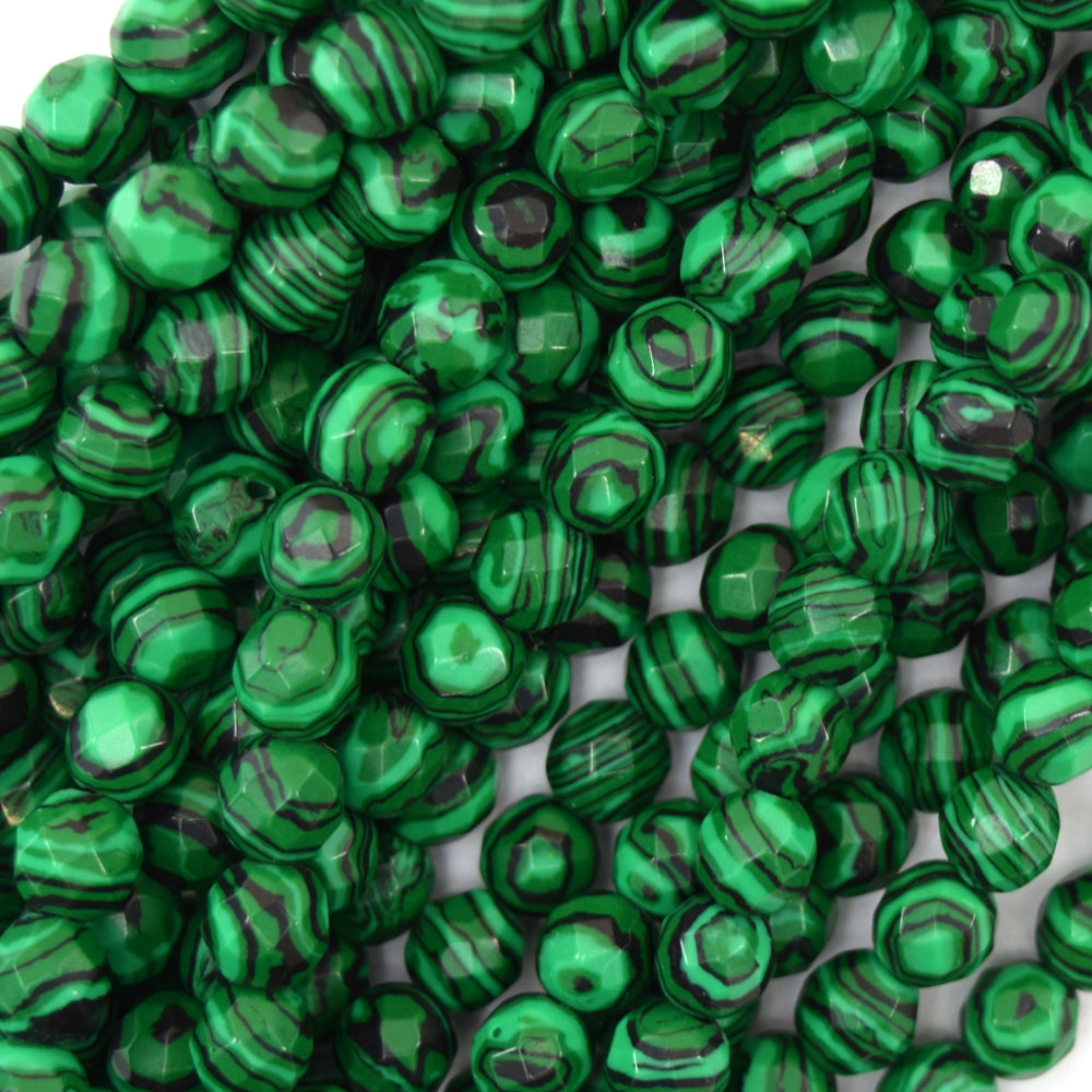 Faceted Synthetic Green Malachite Round Beads 15