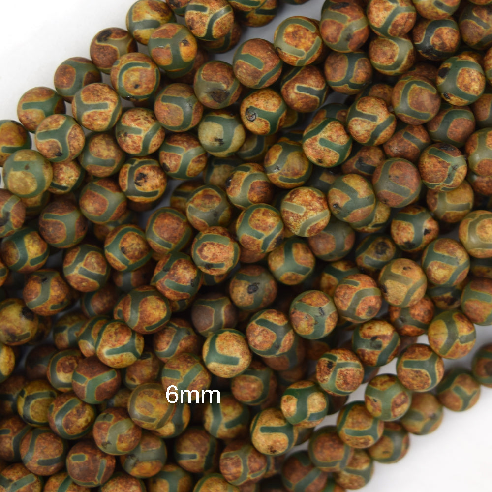 Matte Green Brown Tibetan DZI Agate Round Beads 15