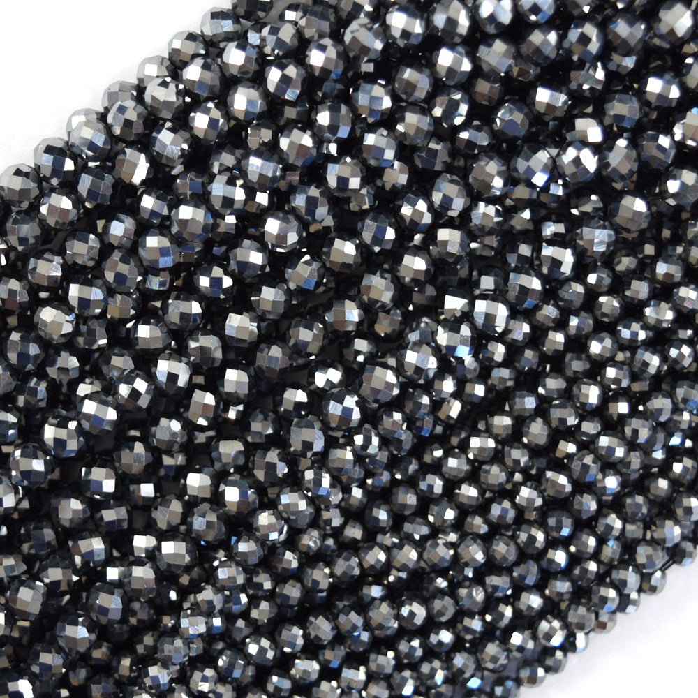 Faceted Black CZ Cubic Zirconia Round Beads Gemstone 14.5" Strand 3mm 4mm