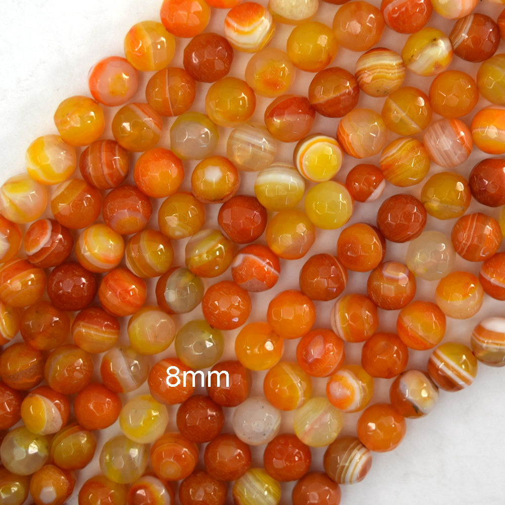Faceted Orange Red Stripe Carnelian Round Beads 14.5" Strand 6mm 8mm 10mm