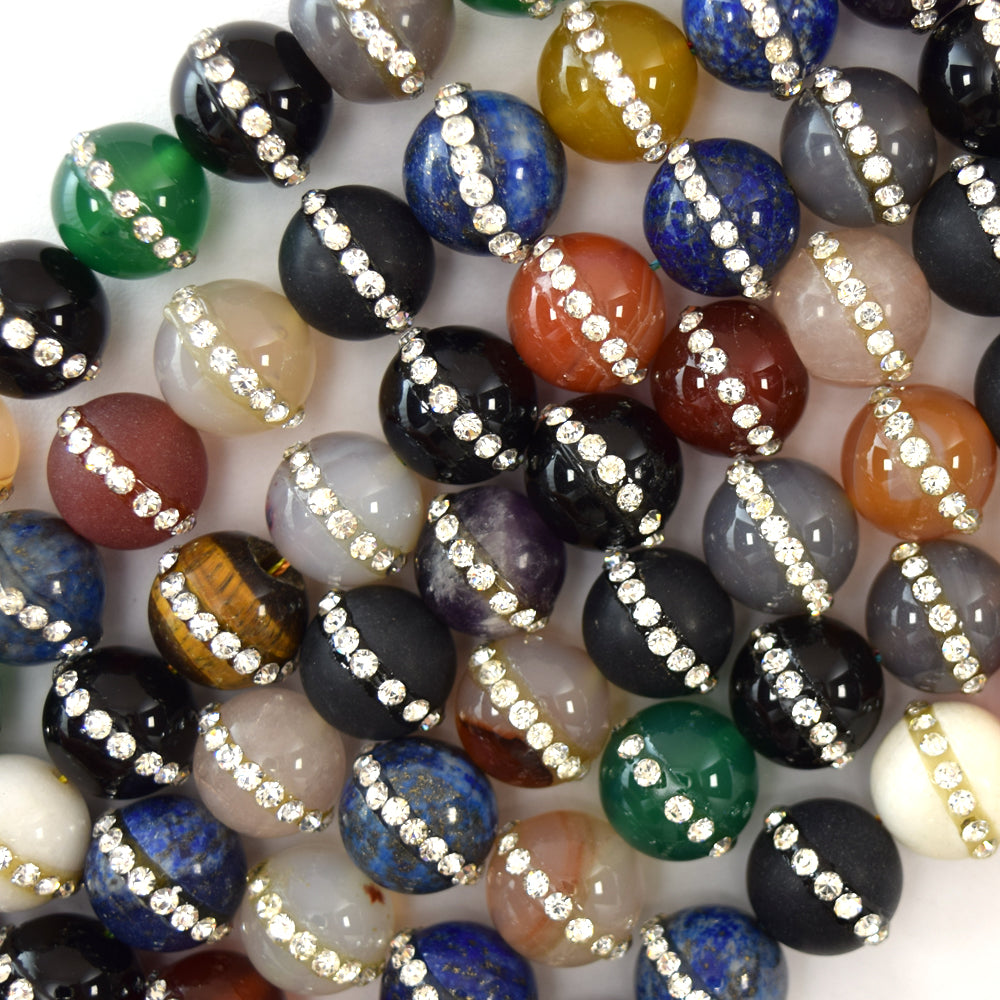 Multi Stones Round Beads With Rhinestone inlaid 15" Strand 6mm 8mm 10mm 12mm