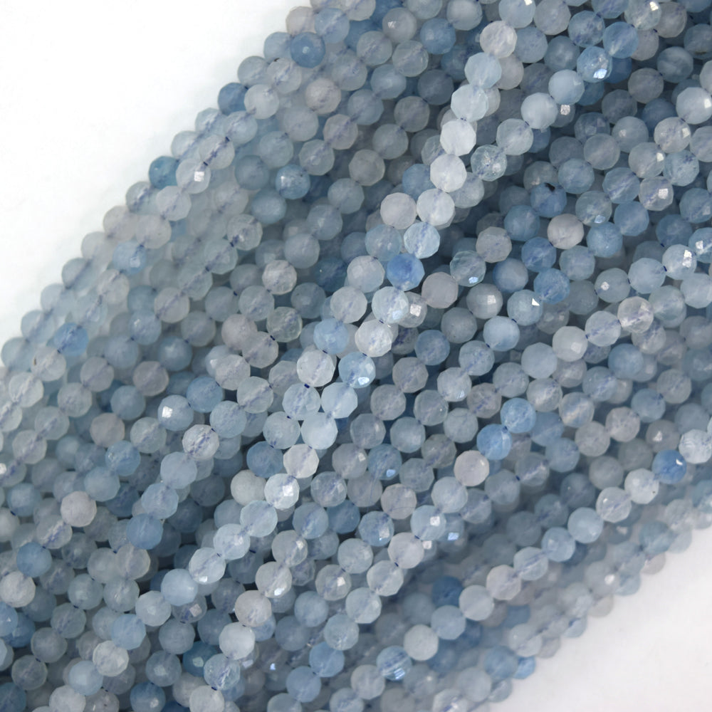 Natural Faceted Blue Aquamarine Round Beads 15.5" Strand 3mm 4mm
