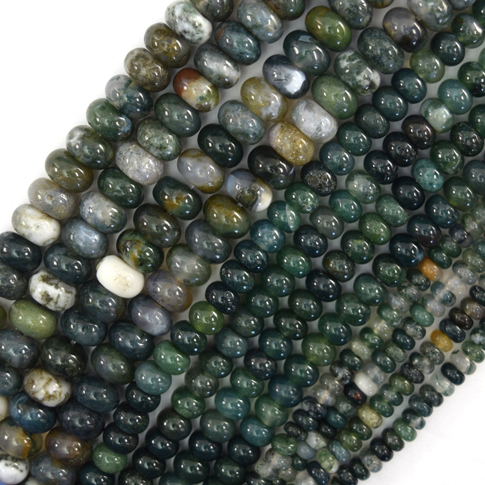 Natural Green Moss Agate Rondelle Button Beads 15" Strand 2x4mm 4x6mm 5x8mm