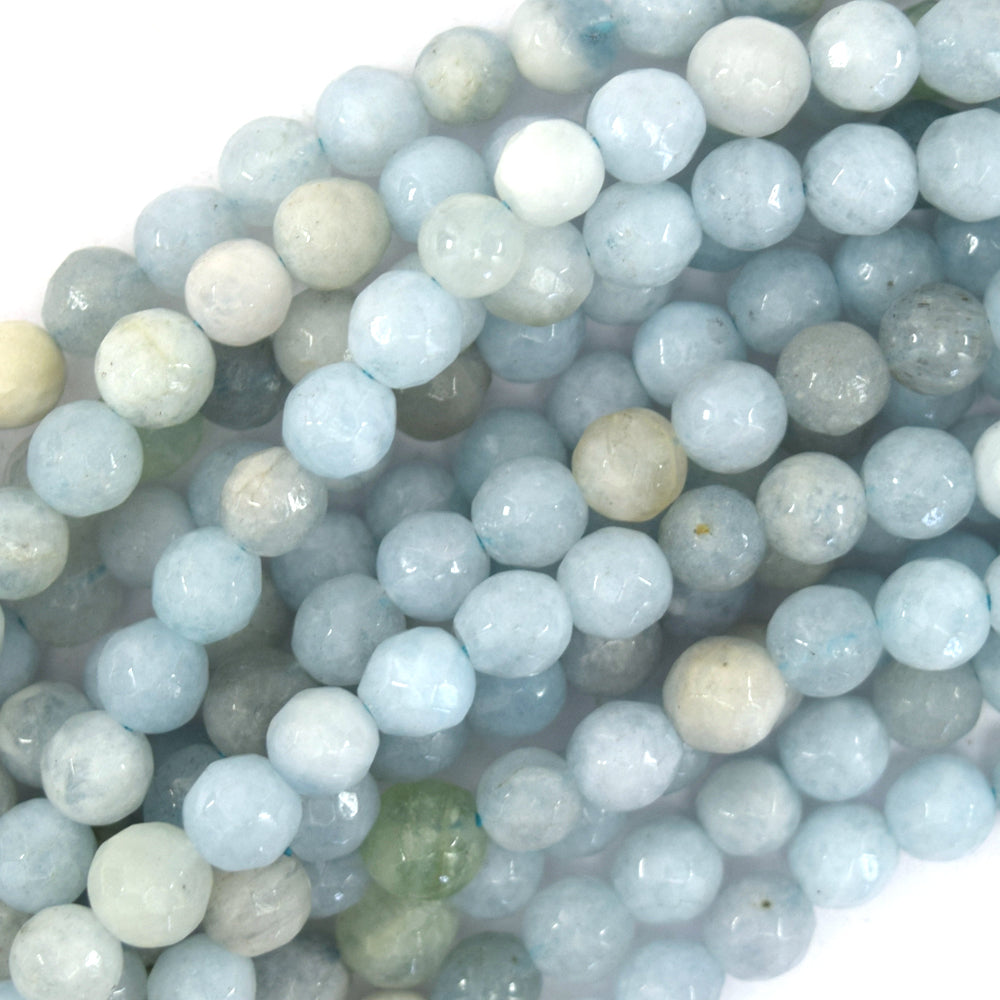 Natural Faceted Blue Aquamarine Round Beads 15.5" Strand 3mm 4mm