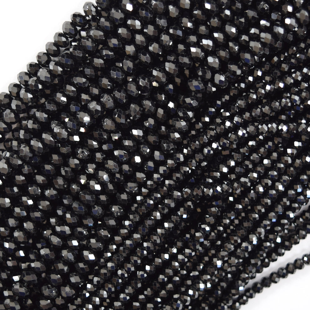 AA Natural Faceted Black Spinel Rondelle Button Beads 15.5" Strand 3mm 4mm