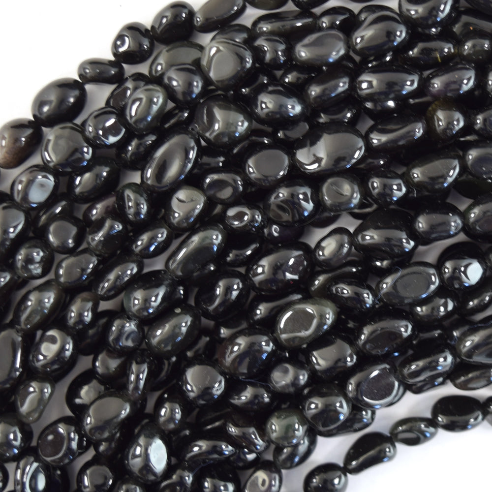Natural Rainbow Black Obsidian Pebble Nugget 15.5" Strand 6mm - 8mm, 8mm - 10mm