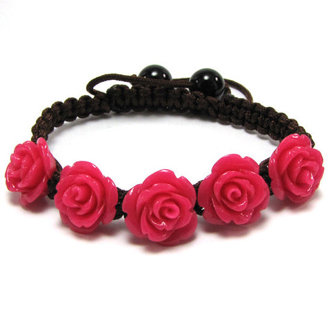 14mm braided adjustable synthetic coral carved rose flower bracelet 7" lt blue