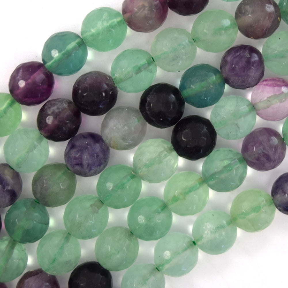 Natural Faceted Rainbow Fluorite Round Beads Gemstone 15" Strand 6mm 8mm 10mm