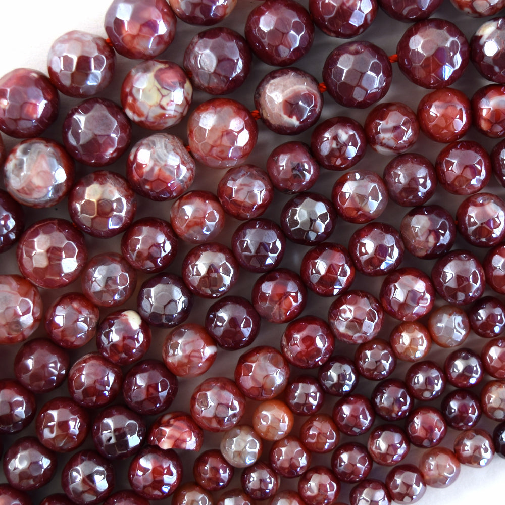 Mystic Titanium Faceted Red Fire Agate Round Beads 15" Strand 6mm 8mm 10mm