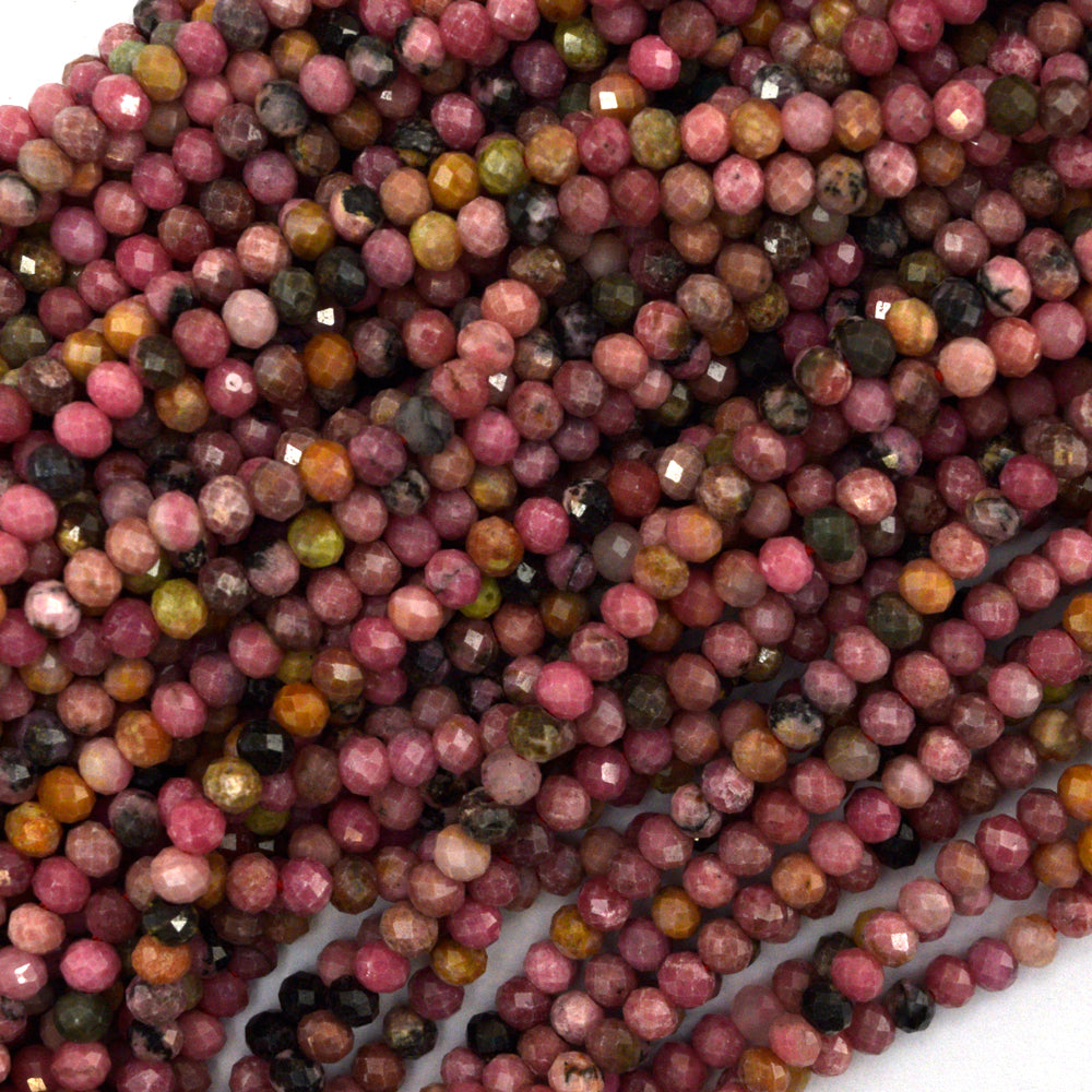 3mm faceted black pink rhodonite rondelle beads 15.5